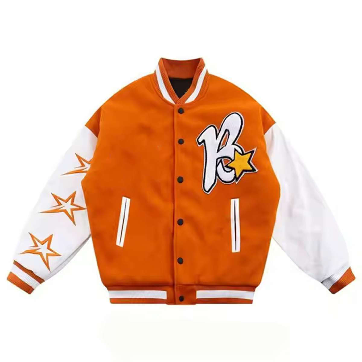 Orange and White Star Patch Varsity Jacket